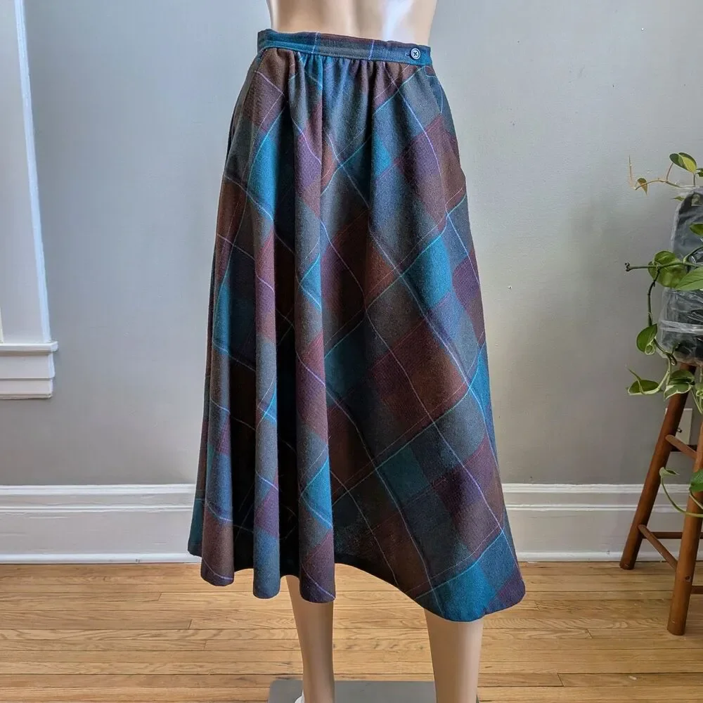 Vintage 90s Avon Fashions Plaid Wool Blend Midi Skirt Dark Academia Preppy 7/8